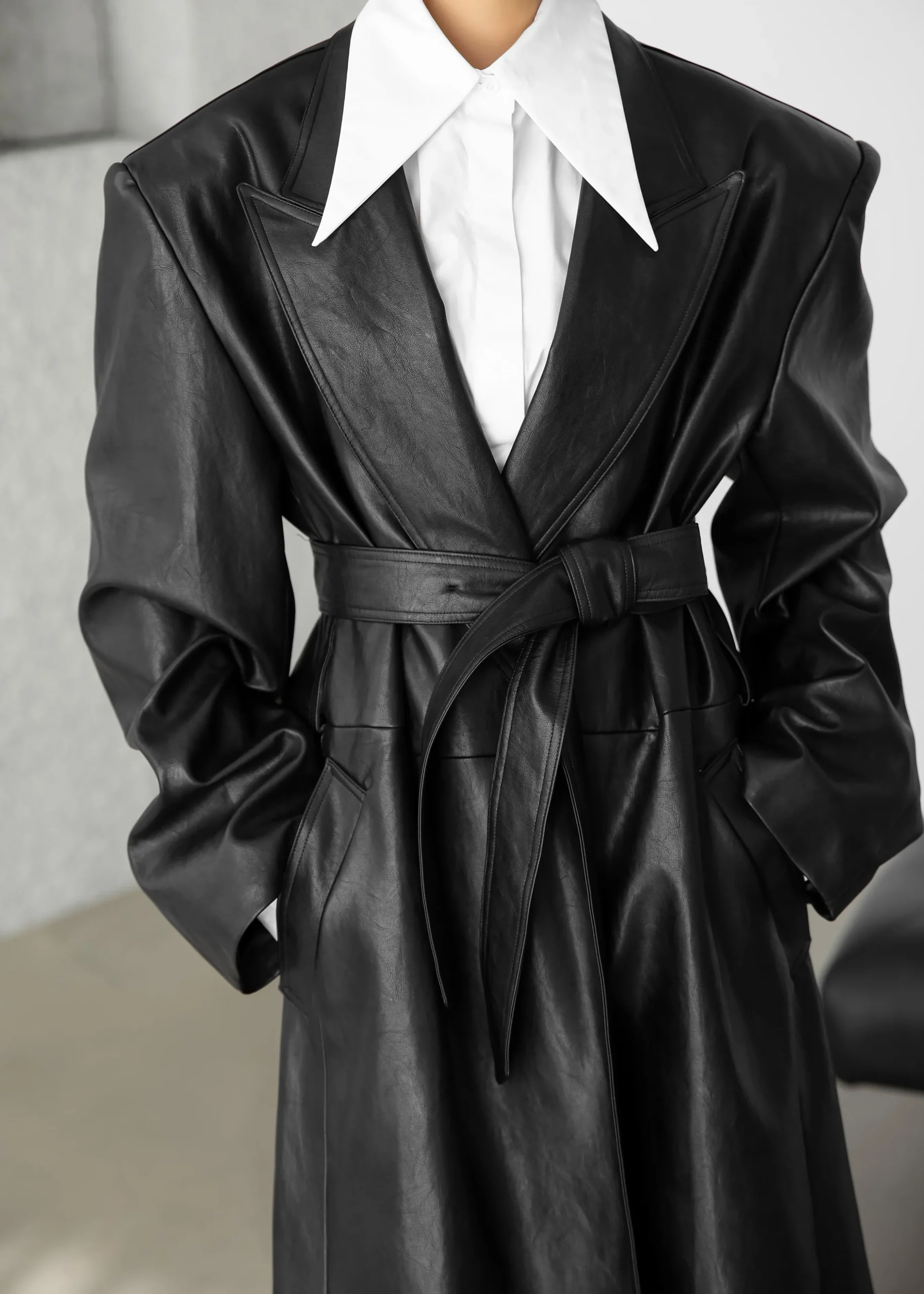 Connie Faux Leather Belted Trench Coat
