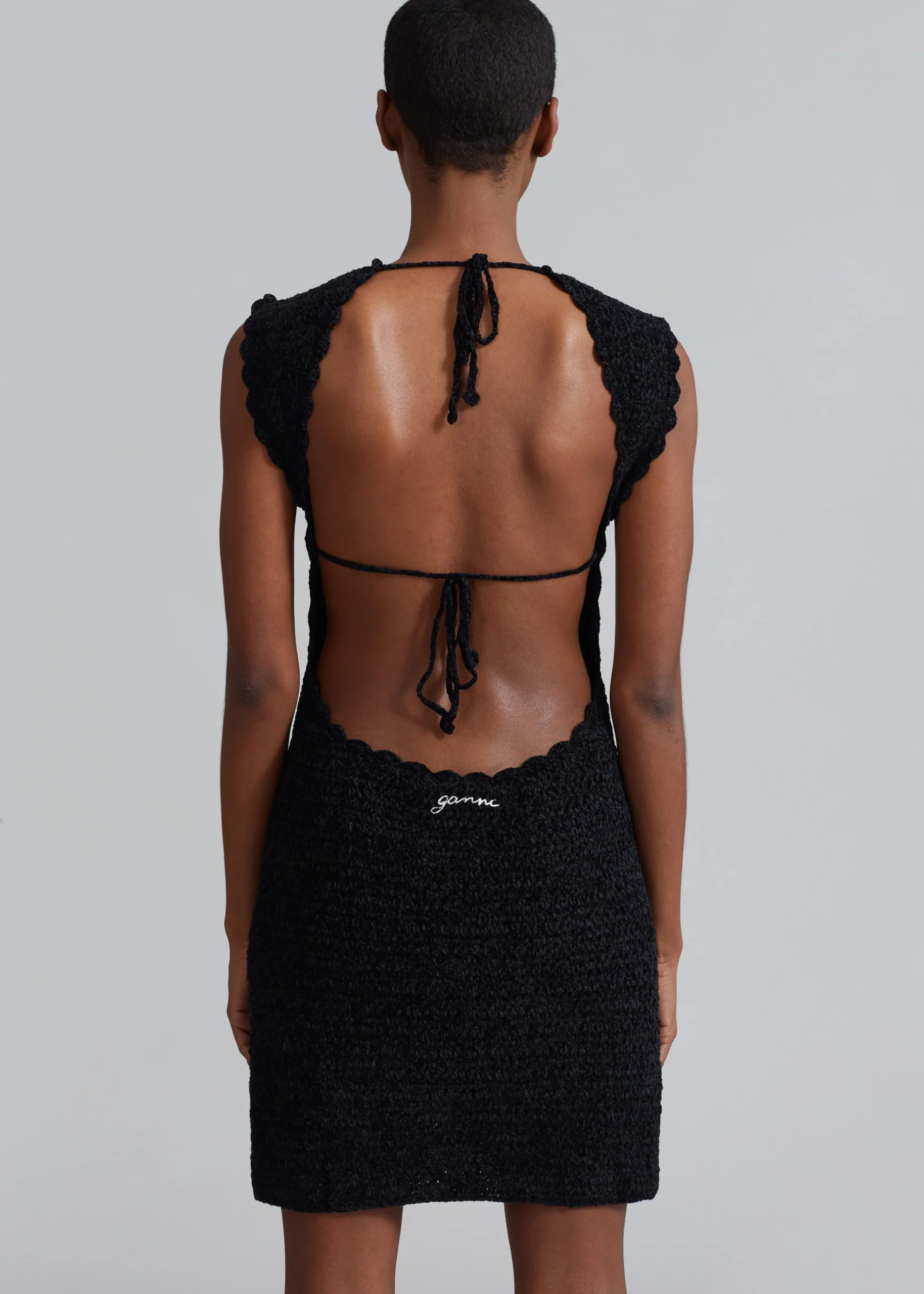 Ganni Velvet Crochet Open Back Mini Dress