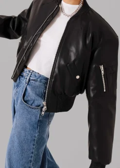 Sille Faux-Leather Cropped Bomber